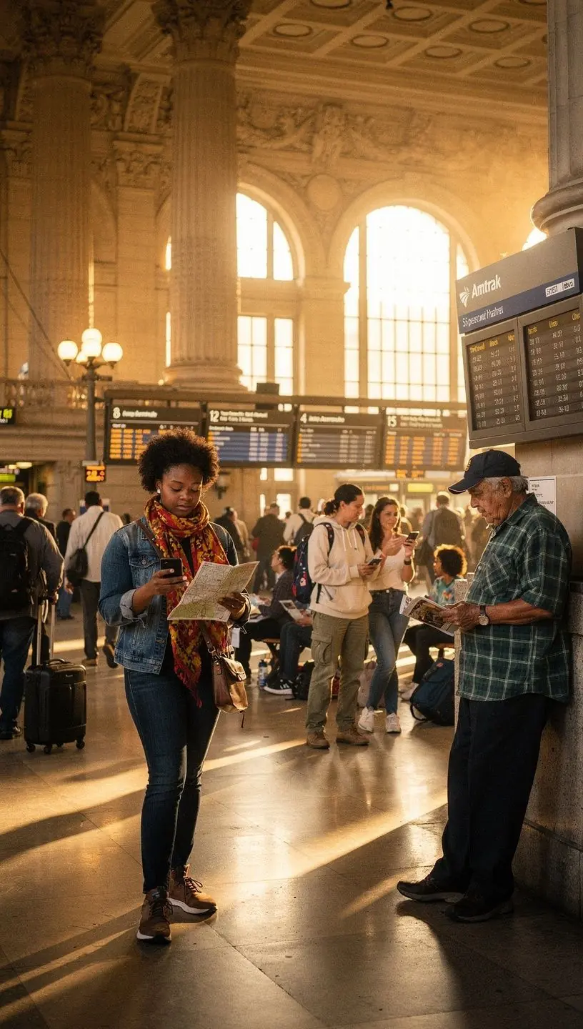 Family enjoying a relaxed moment on a train platform with luggage, preparing for a transfer-light itinerary.